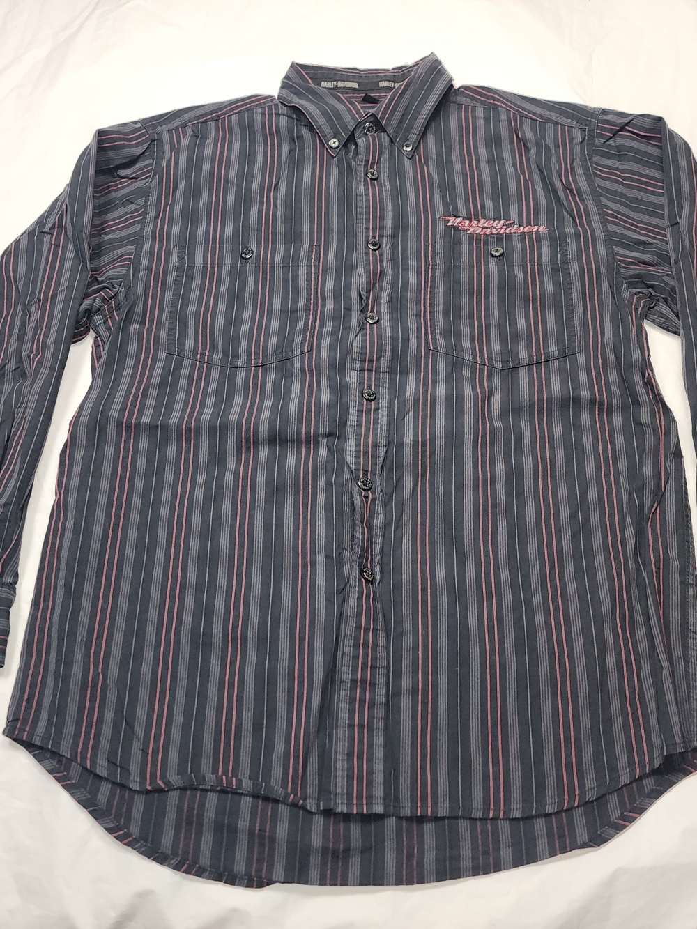 Harley-Davidson Men's Black Button-Down Shirt with Red Stripes Size Medium